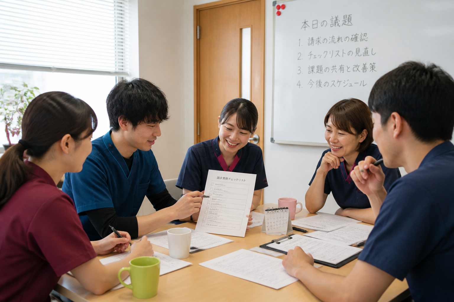 訪問看護事業所の請求体制チェックリストを確認するスタッフ