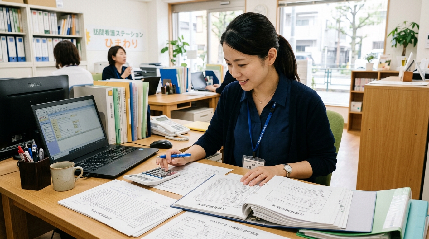 訪問看護ステーションで介護報酬と医療保険の書類を確認するスタッフ