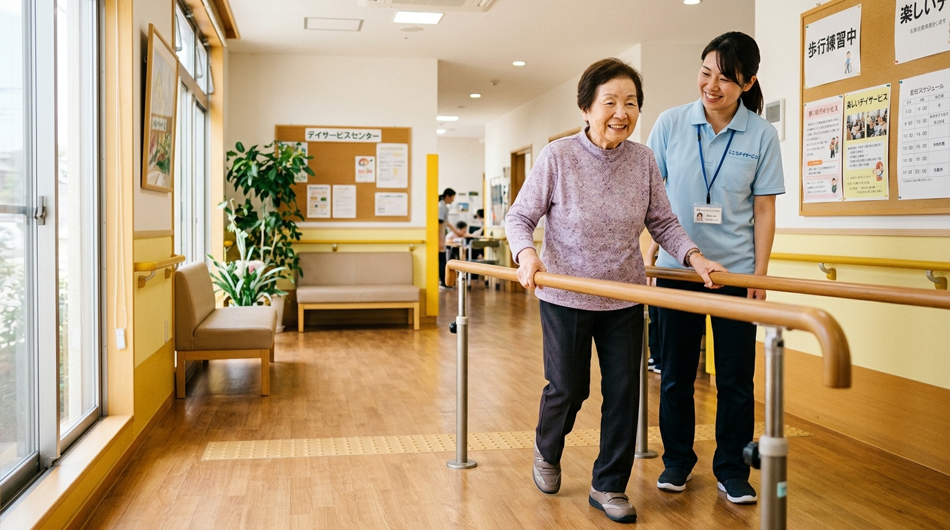 訪問リハビリ卒業後に通所リハビリテーションで歩行練習を続ける高齢女性