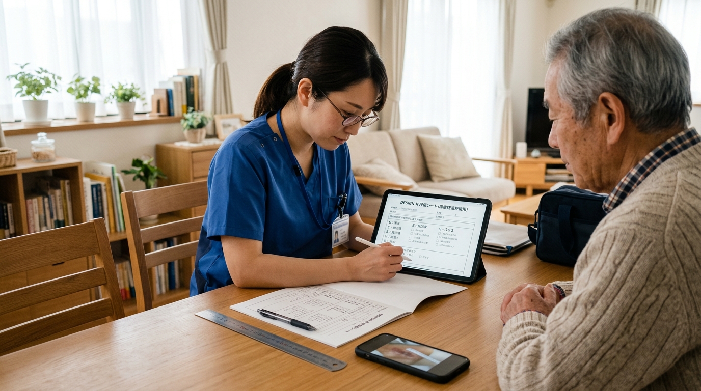 タブレットでDESIGN-R®2020評価を記録する訪問看護師