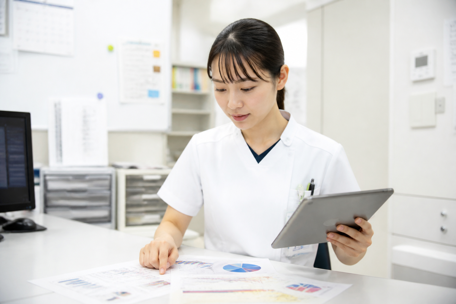 訪問看護師が残薬に関する統計データを確認している様子