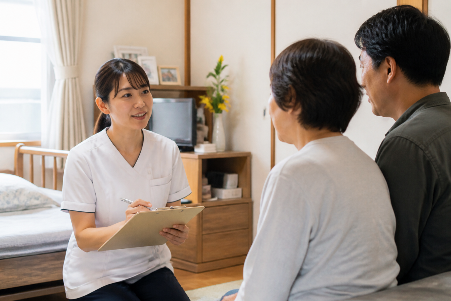 家族と今後の在宅経管栄養ケアについて話し合う訪問看護師