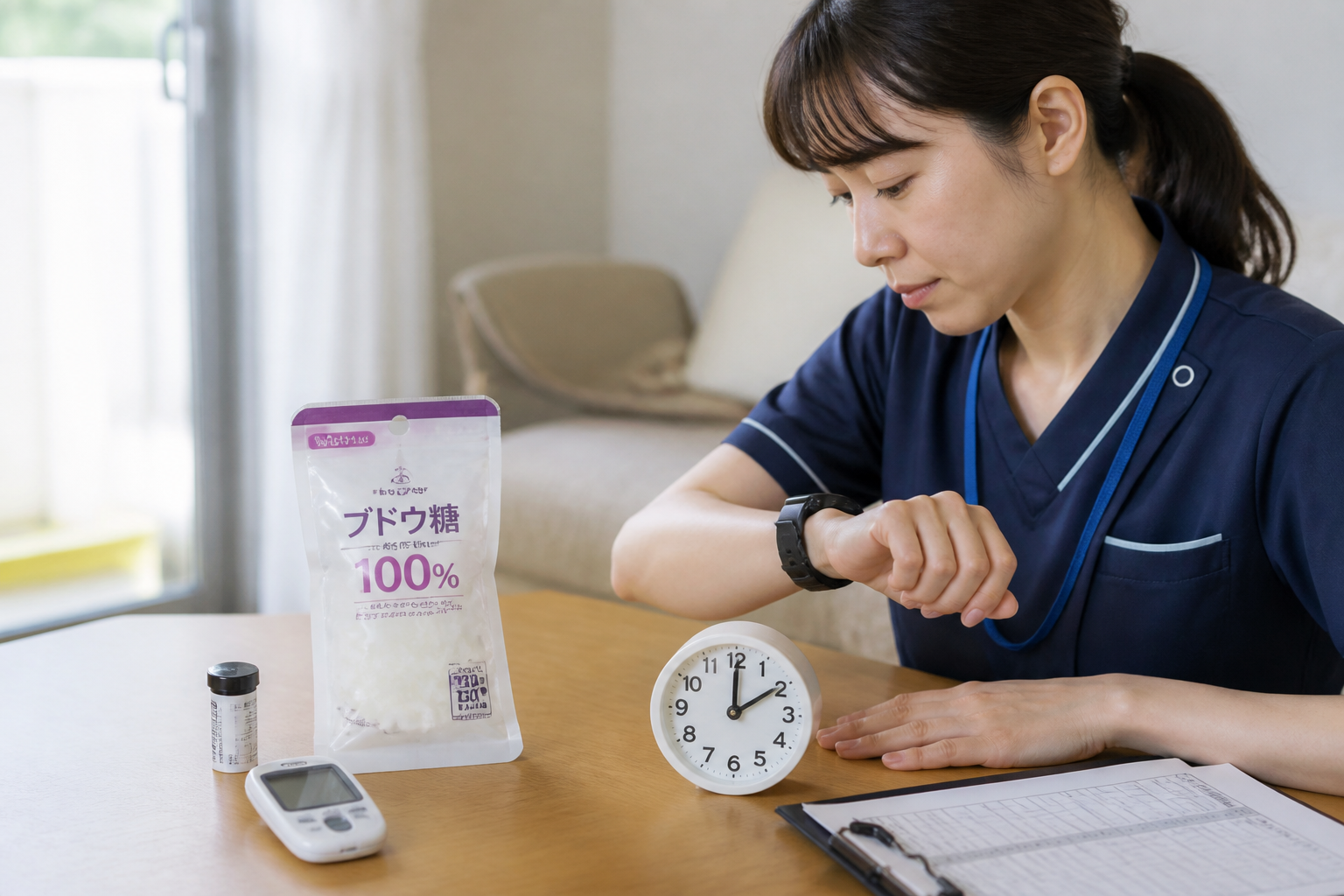 低血糖対応の15分ルールでブドウ糖と経過時間を確認する様子