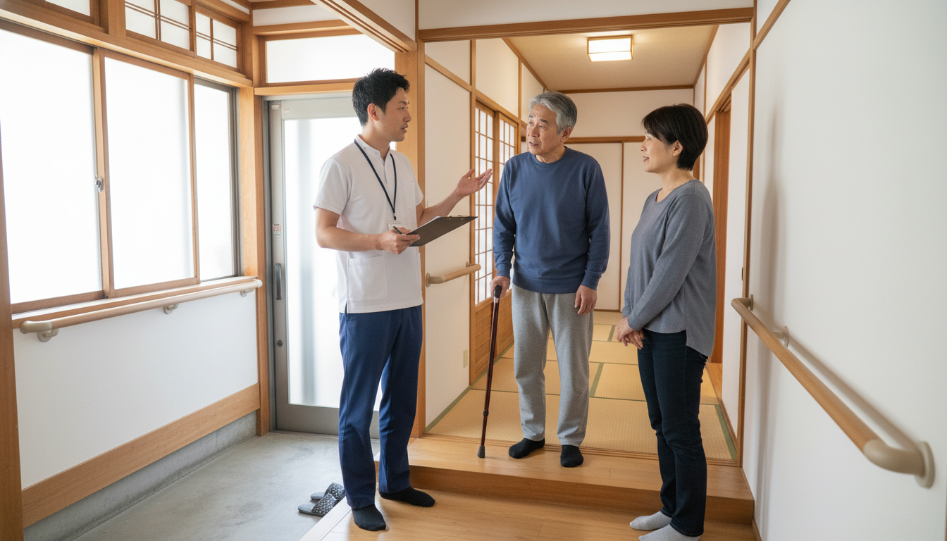 脳卒中患者の自宅玄関で手すり位置を確認する理学療法士と家族