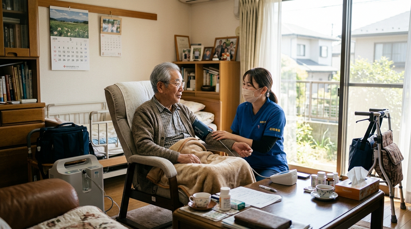 在宅療養する高齢者単身世帯のイメージ。板橋区を含む都市部で訪問看護ターミナルケアの需要が高まっている