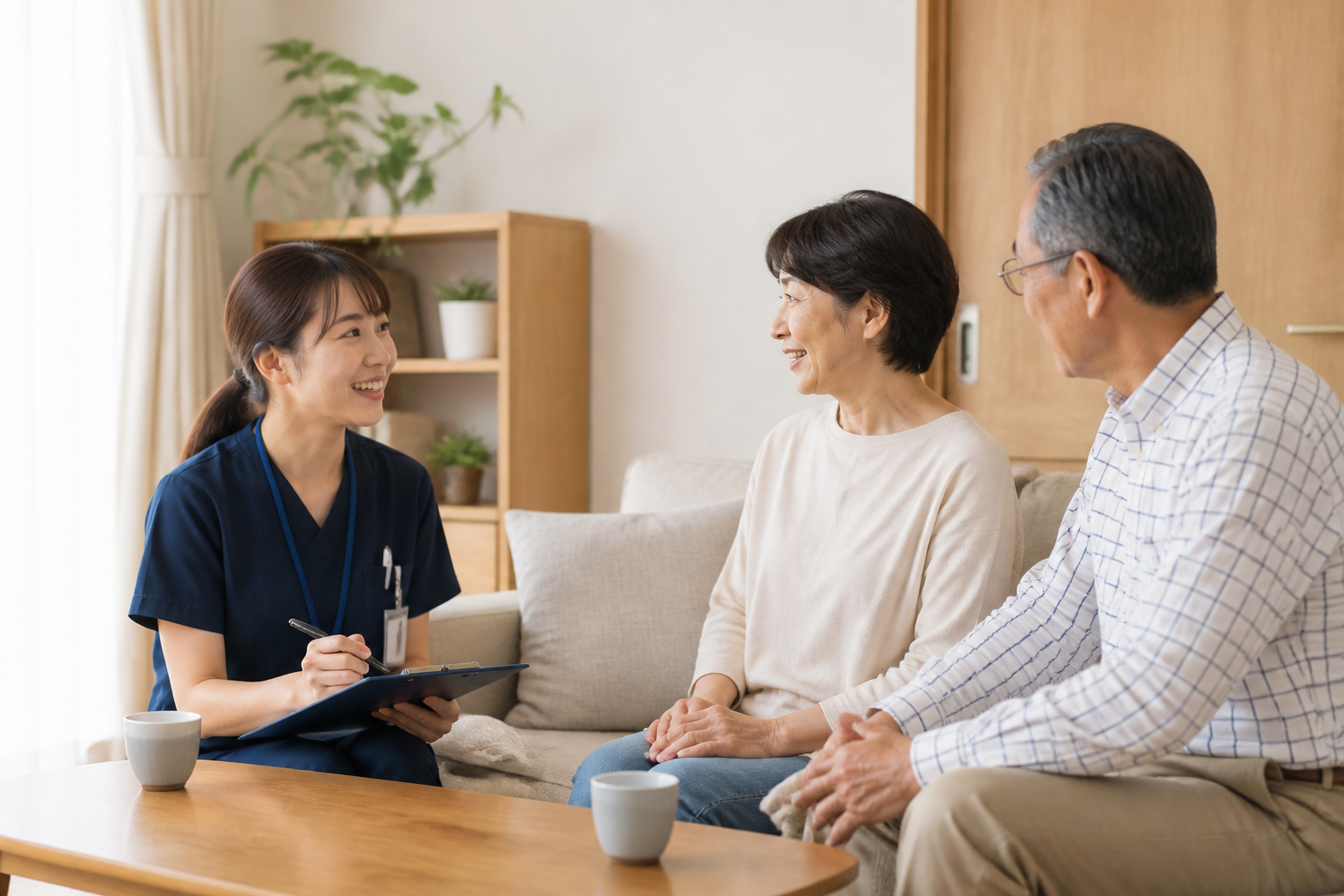 訪問看護師が利用者・家族と対話しながら服薬状況をアセスメントする様子