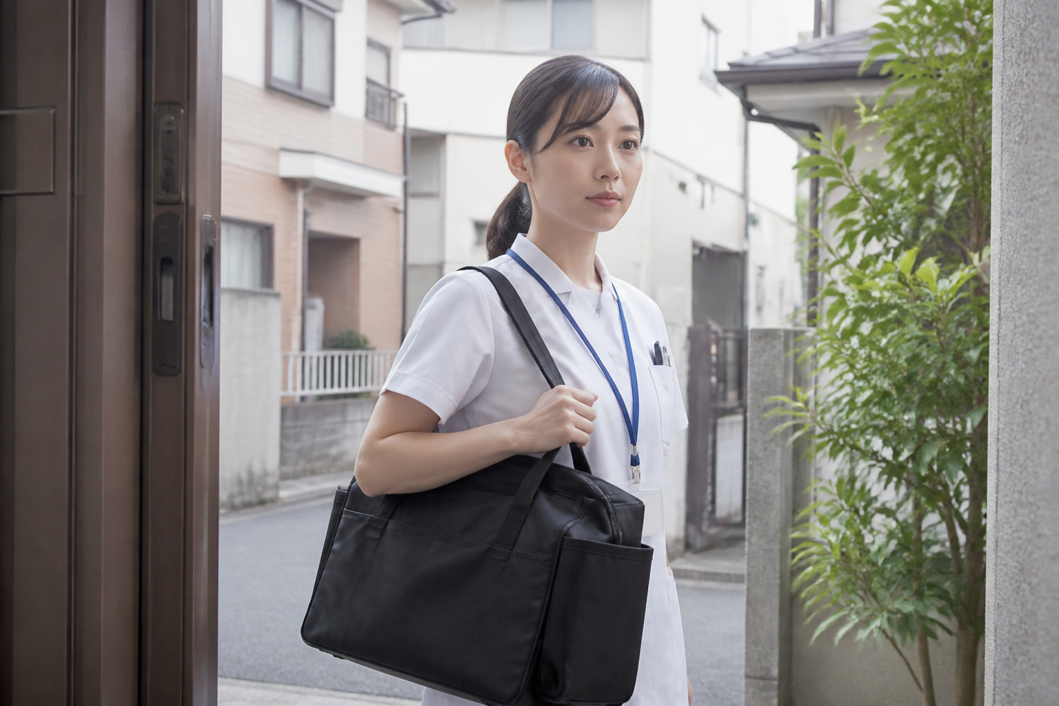 訪問看護で胃ろう管理に向かう日本人看護師の写真