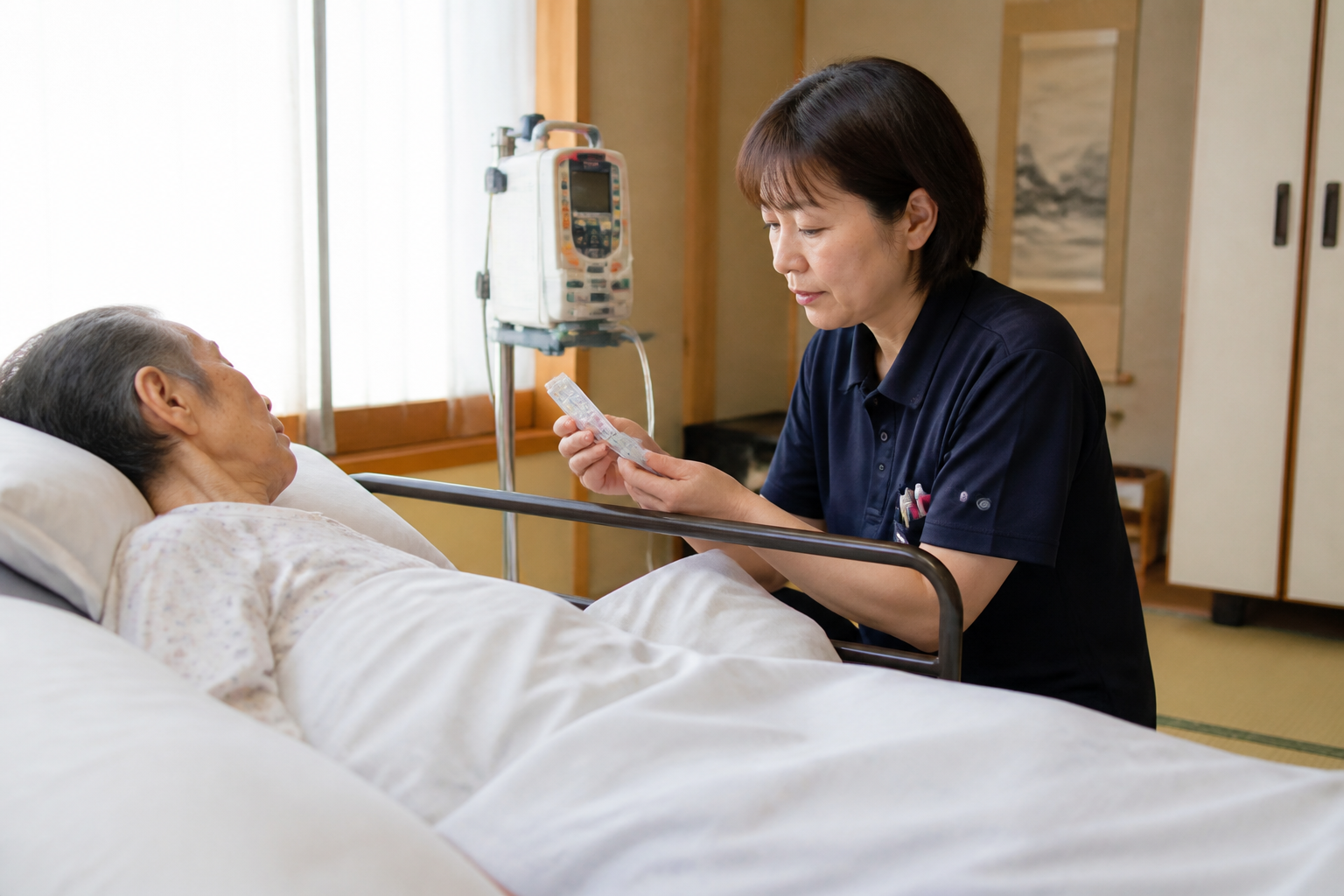 在宅患者宅で医療用麻薬の剤形を確認する訪問看護師