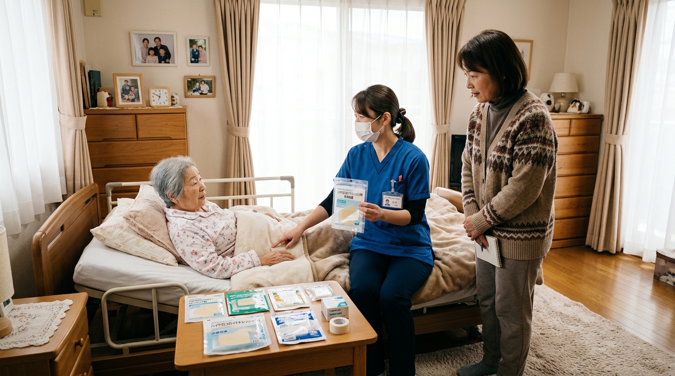 患者家族に褥瘡ケアと体位変換を指導する訪問看護師