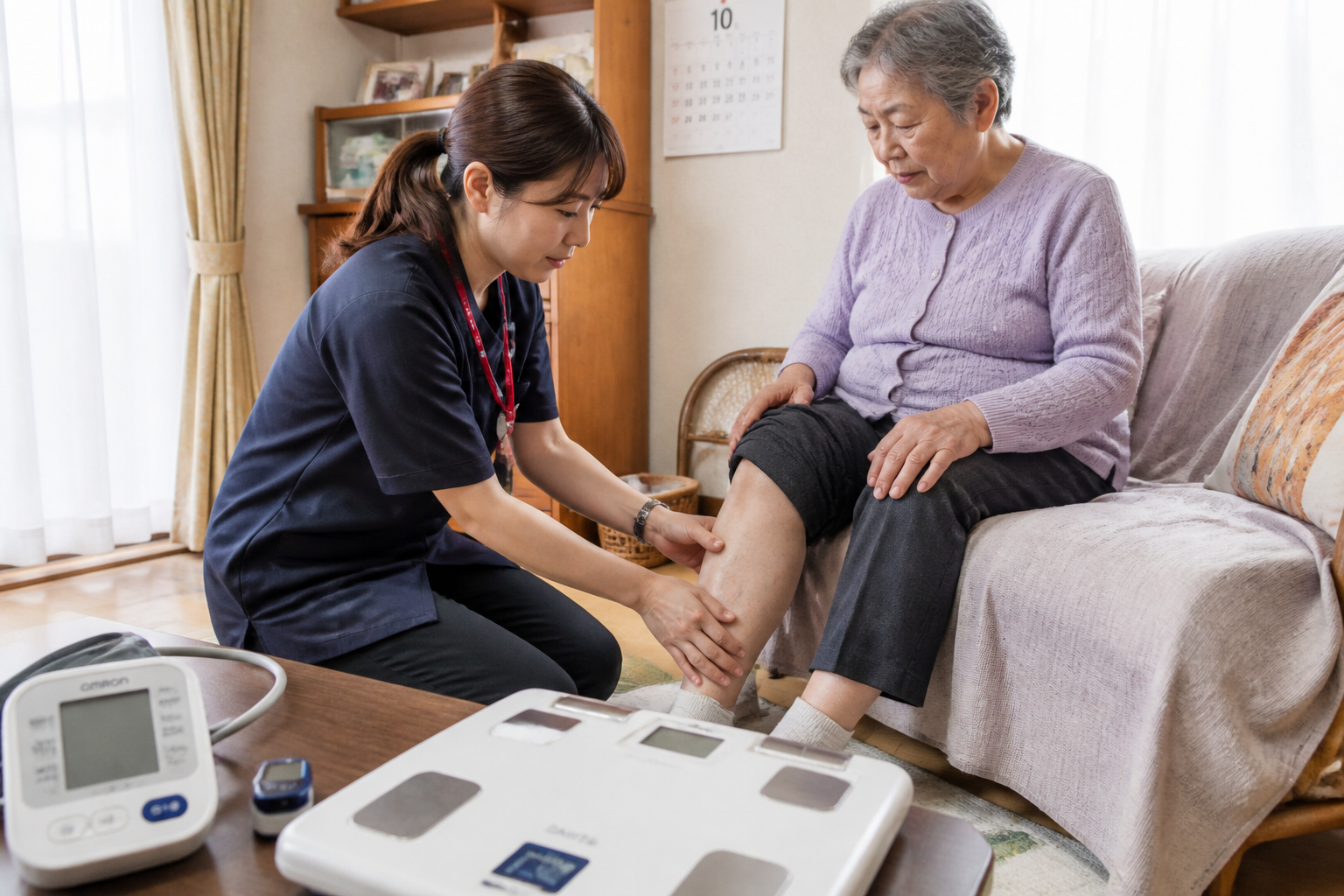 在宅で透析患者の浮腫や血圧、体重を観察する訪問看護師