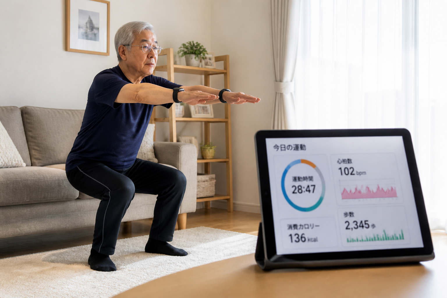 高齢患者がウェアラブルデバイスを装着して自宅でリハビリ運動を行っている場面