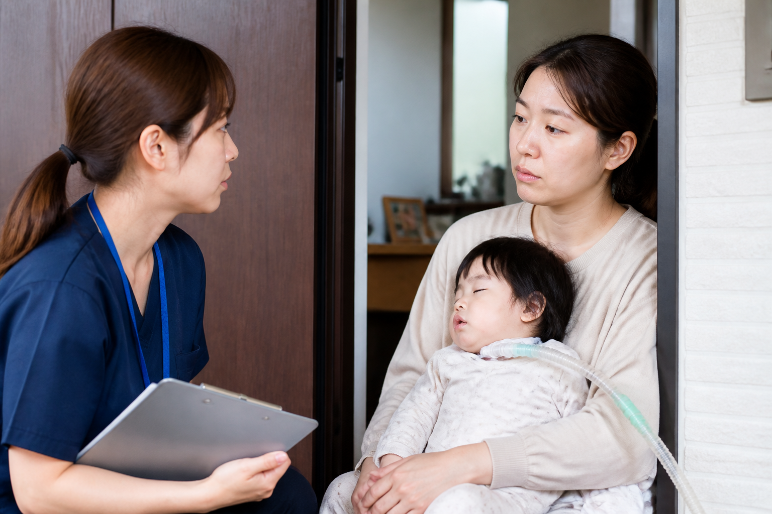 訪問看護師が気管切開の利用者家族と自宅で話し合っている様子