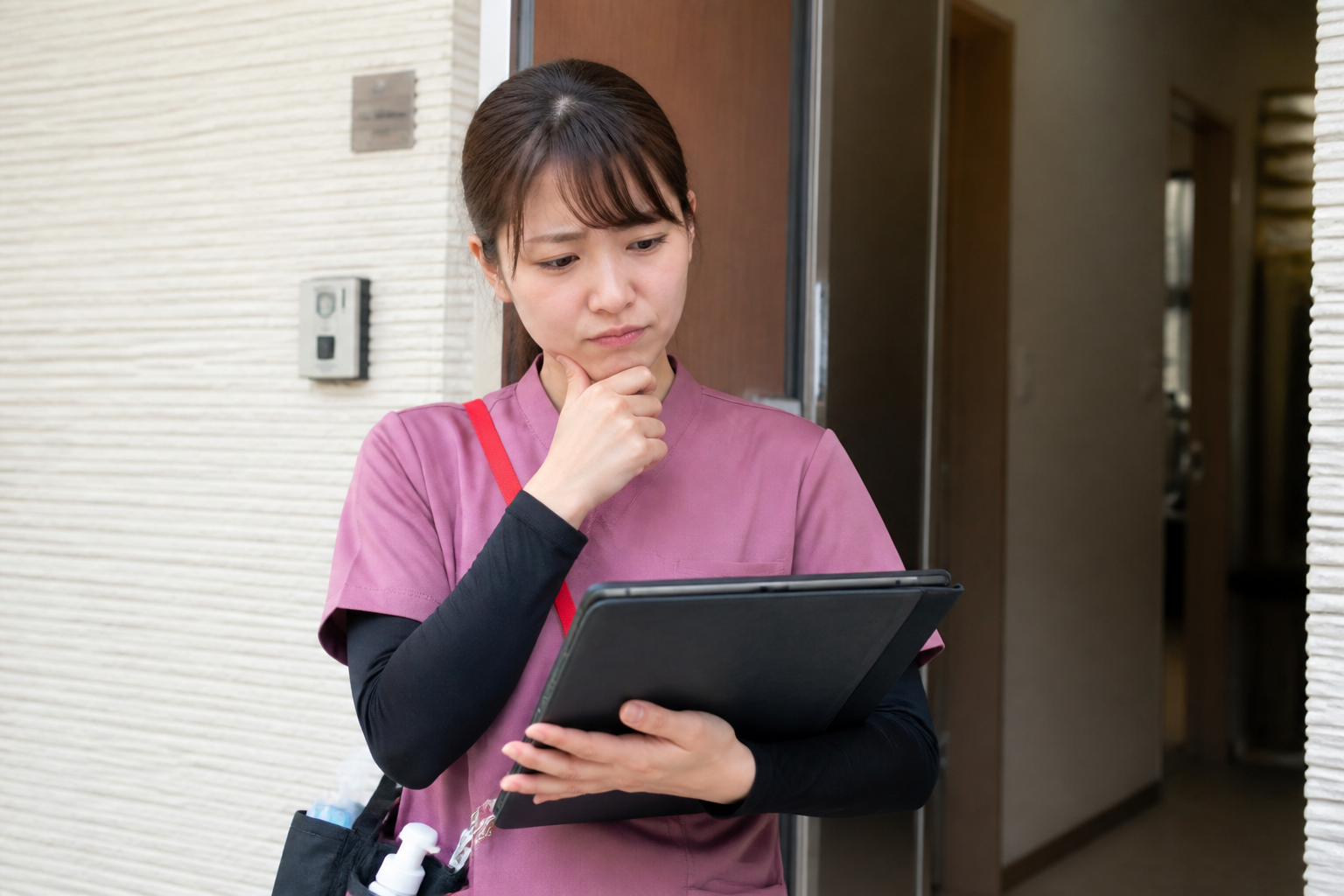 訪問看護師が保険区分の判断に悩んでいる様子