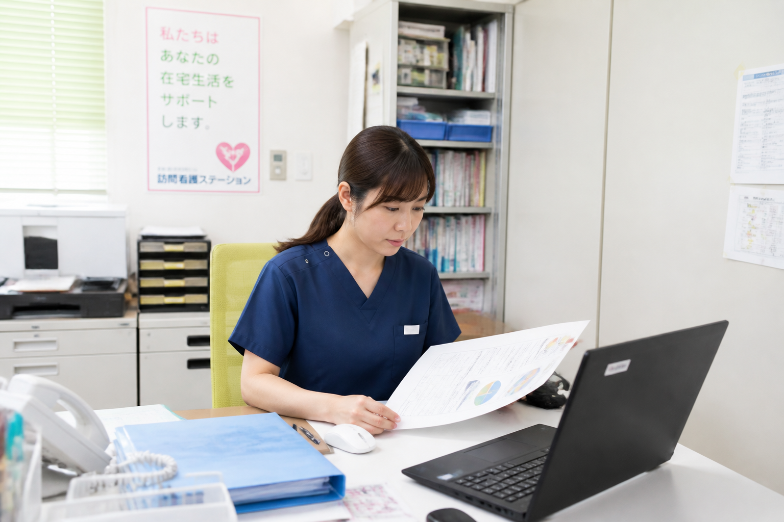 訪問看護ステーションで統計データを確認する看護師