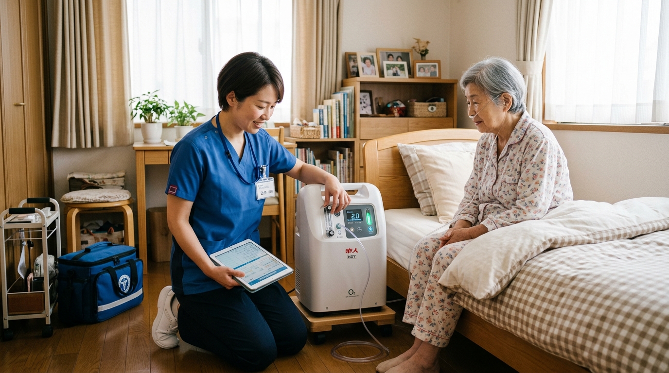 在宅酸素療法（HOT）を管理する訪問看護師。板橋区の在宅ターミナルケアで行われる医療処置の実際