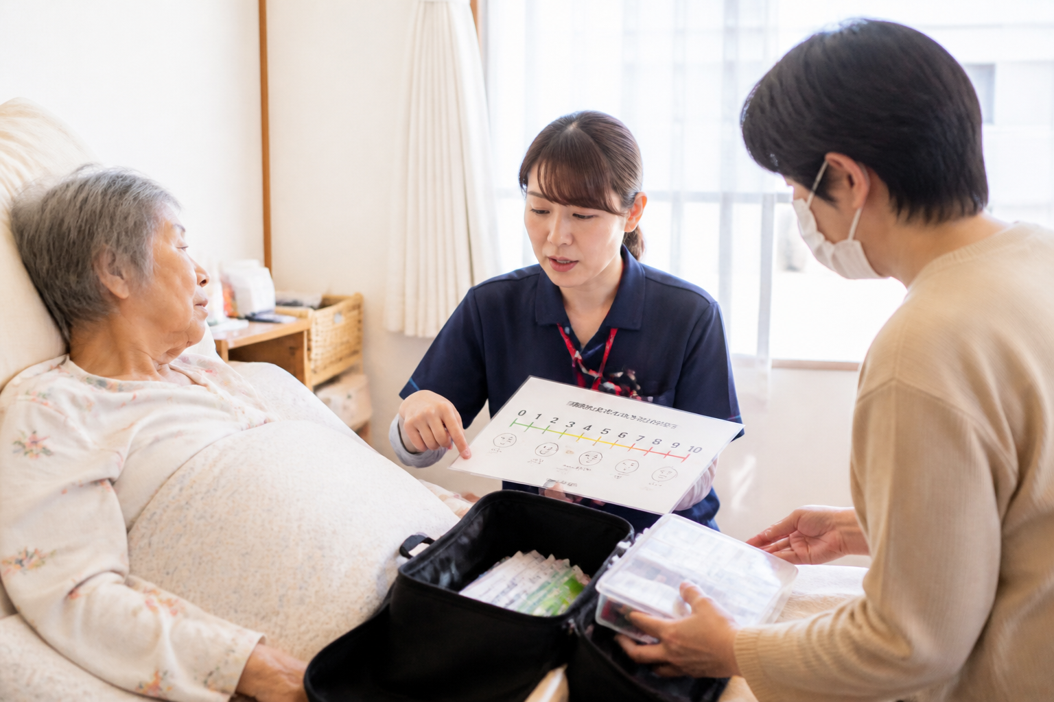 自宅で痛みの強さを確認し薬の管理を家族と共有する訪問看護師