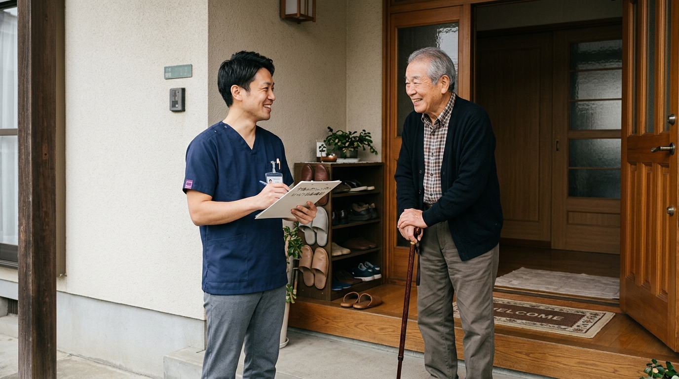 在宅リハビリ終了後に患者と次のステップを確認する日本人理学療法士