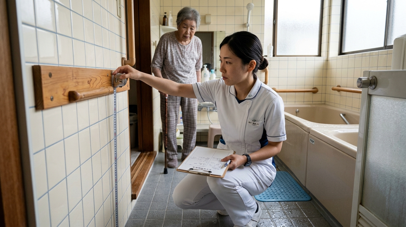 在宅リハビリで浴室の環境評価を行う訪問リハビリスタッフ