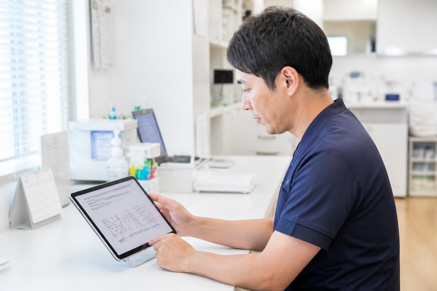 リハビリ専門職がタブレットで在宅リハビリのエビデンスデータを確認している場面