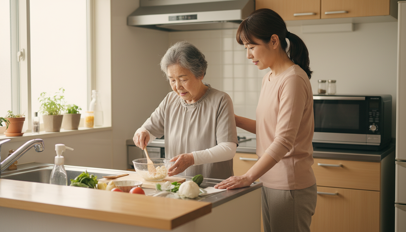 脳卒中患者の自宅キッチンでIADLリハビリを行う作業療法士