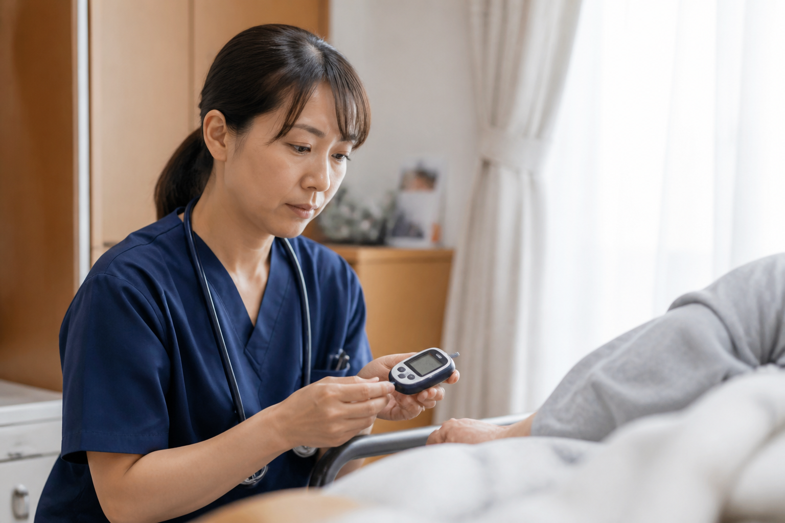 訪問看護師が1人で利用者の血糖値を確認している様子