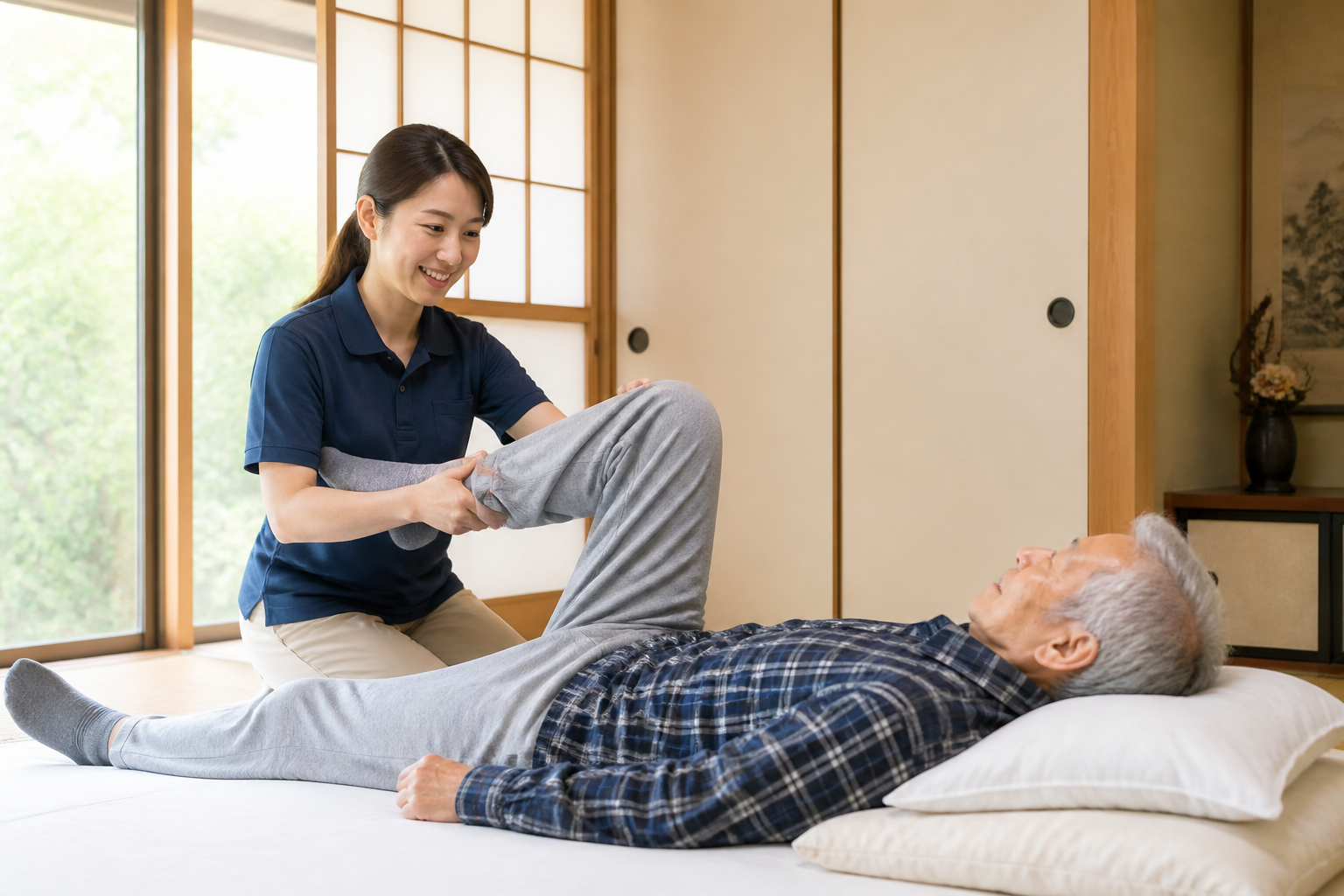 利用者宅で訪問リハビリを実施するセラピストと高齢者