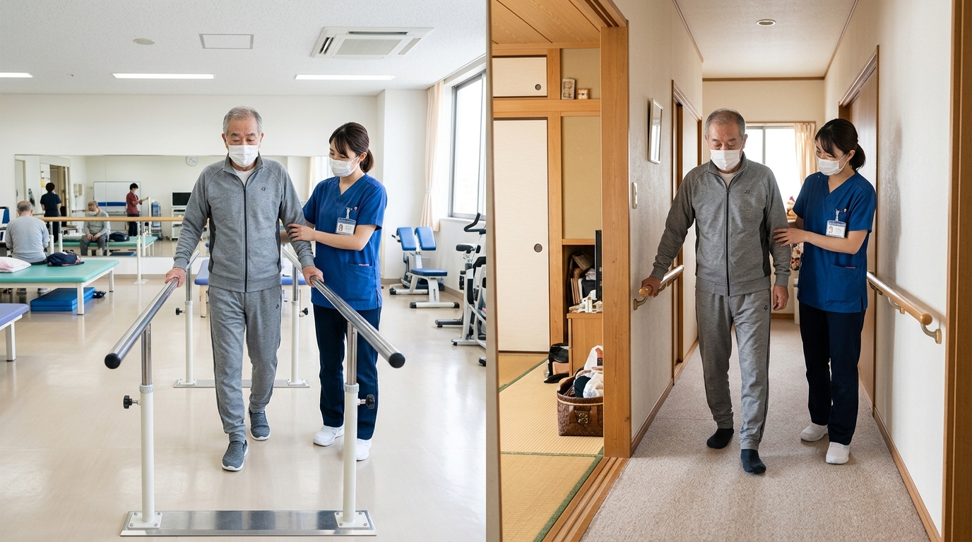 病院リハビリ室と訪問リハビリの自宅環境を比較したイメージ