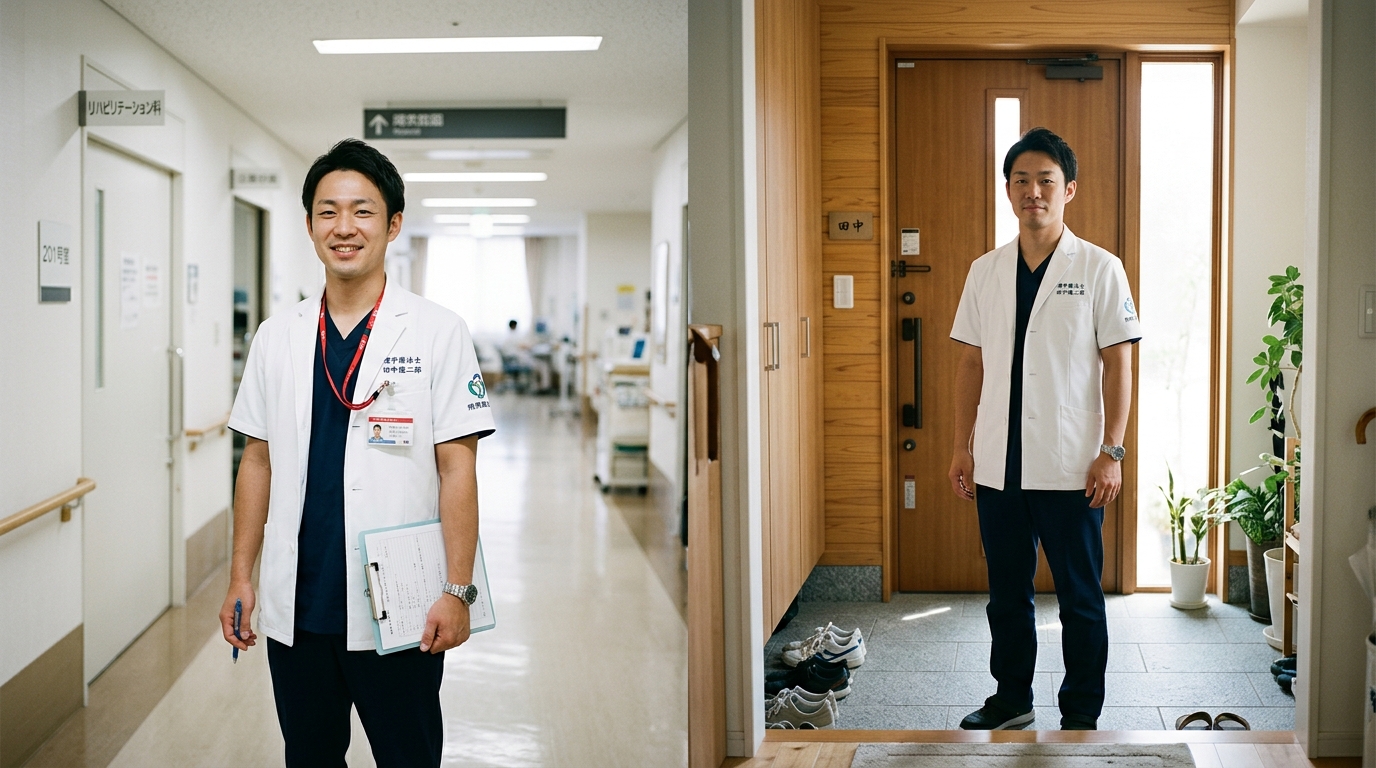 病院勤務と訪問リハビリの転職を考える日本人理学療法士のイメージ