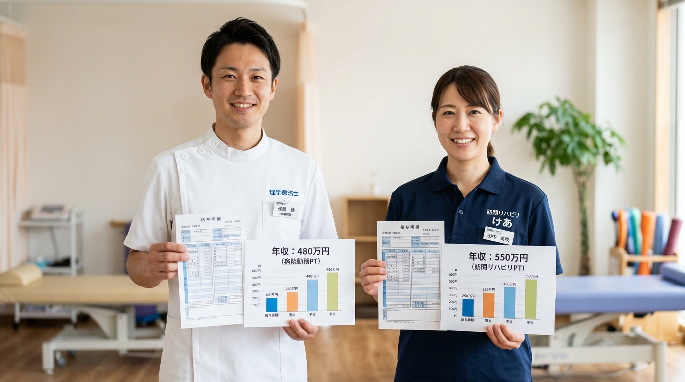 病院勤務PTと訪問リハビリPTの年収比較イメージ