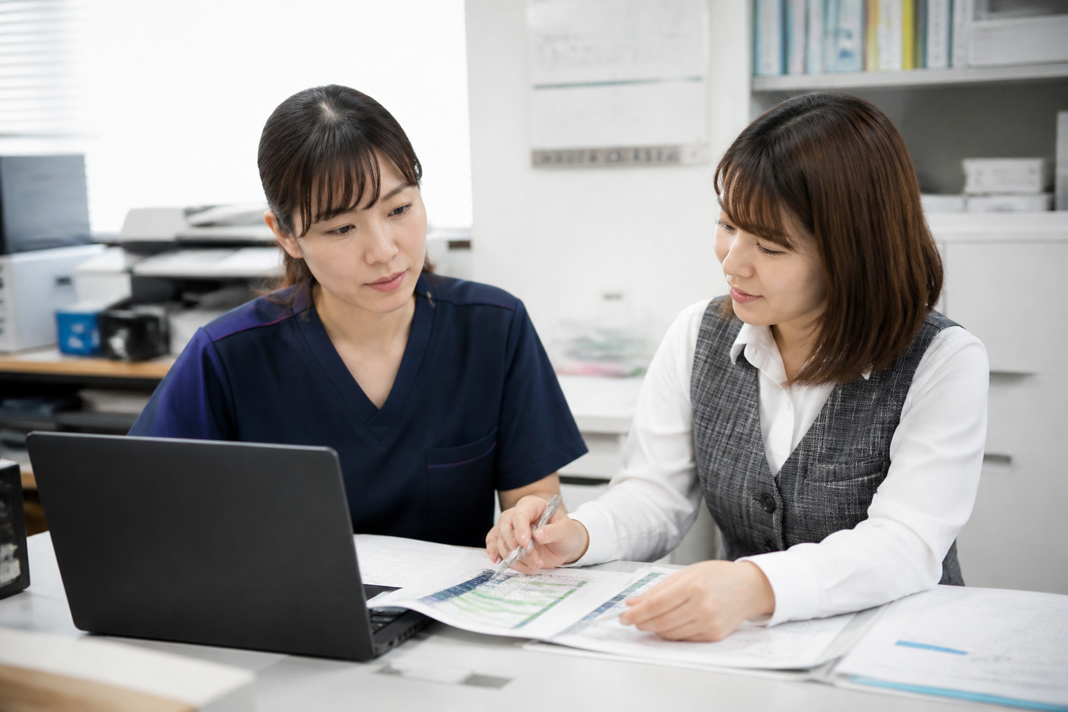 医療保険と介護保険の算定単位を比較確認する訪問看護スタッフ