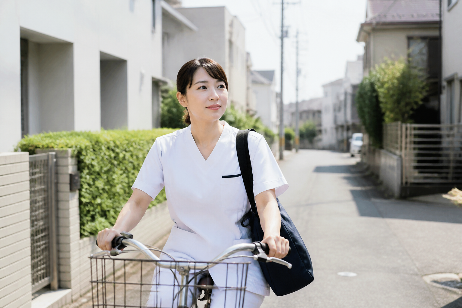 板橋区の住宅街を自転車で移動する訪問看護師