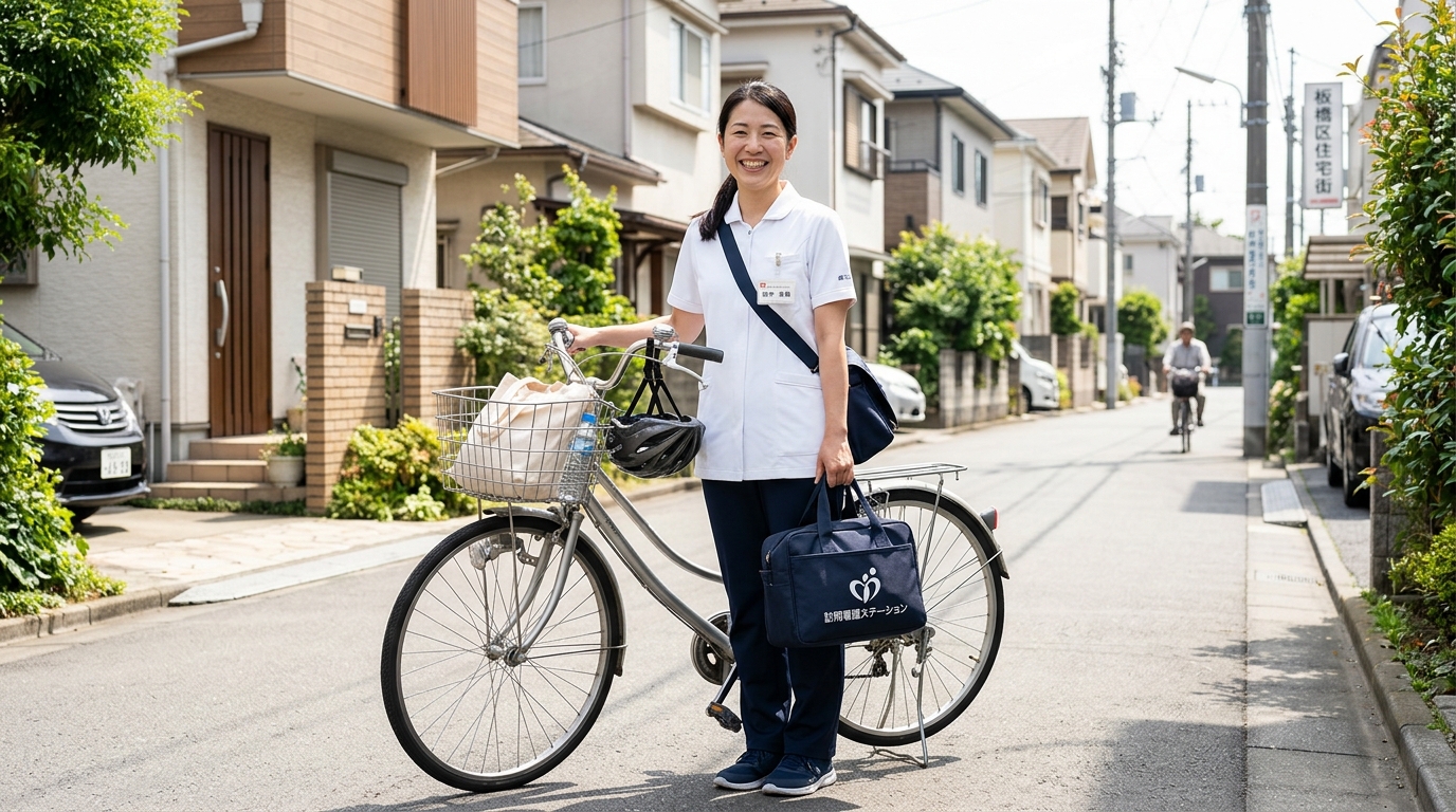 板橋区の住宅街で訪問看護に向かう日本人女性看護師