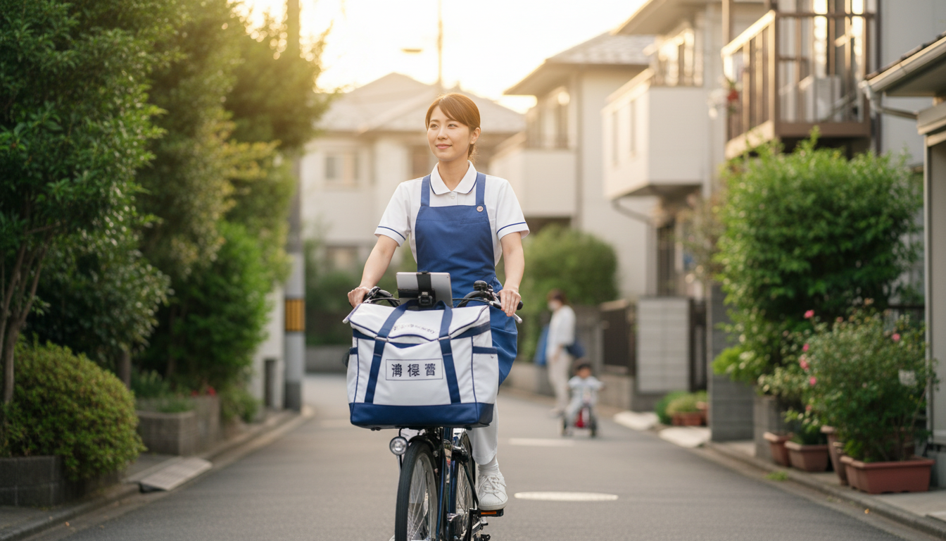 板橋区の住宅街を電動自転車で訪問先へ向かう日本人の女性訪問看護師