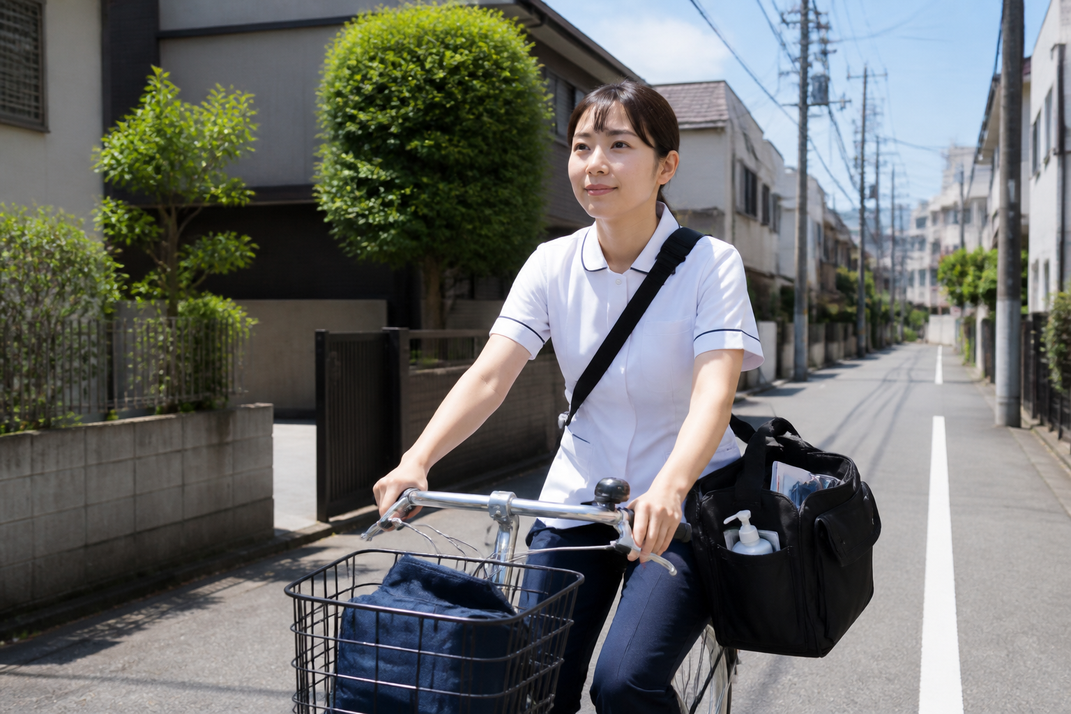 板橋区の住宅街を自転車で移動する訪問リハビリの理学療法士