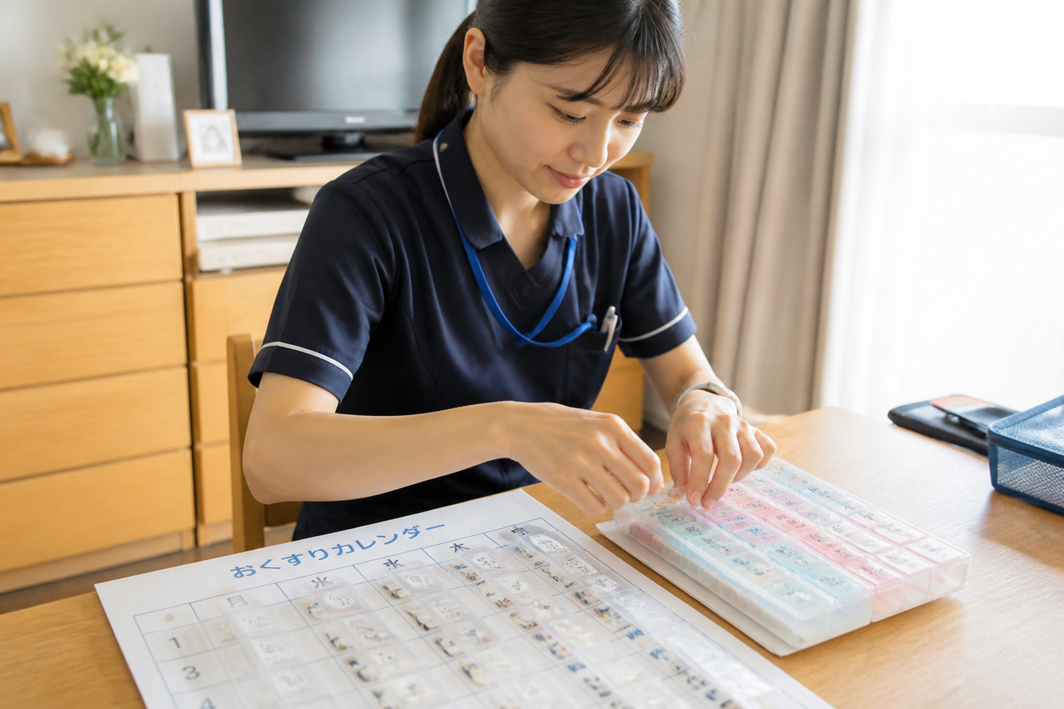 お薬カレンダーとピルケースで服薬管理をする訪問看護師