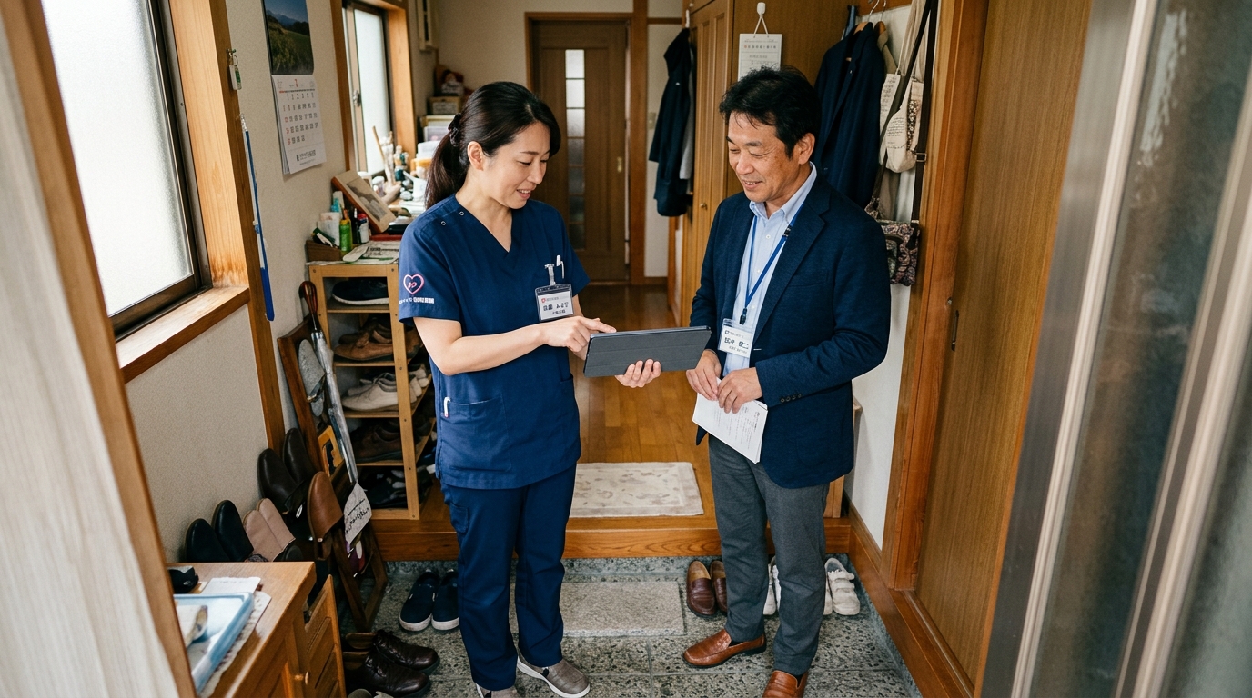 タブレットを使って多職種と情報共有する訪問看護師