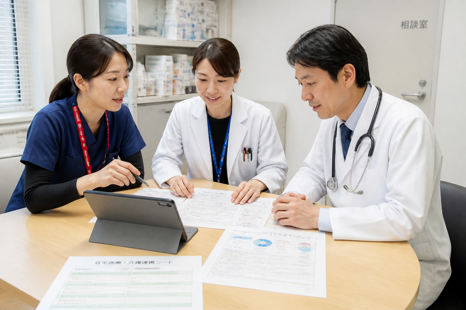 訪問看護師と薬剤師・医師が在宅麻薬管理について連携する様子