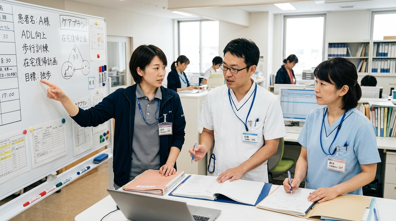 訪問看護ステーションで多職種チームがカンファレンスを行っている様子