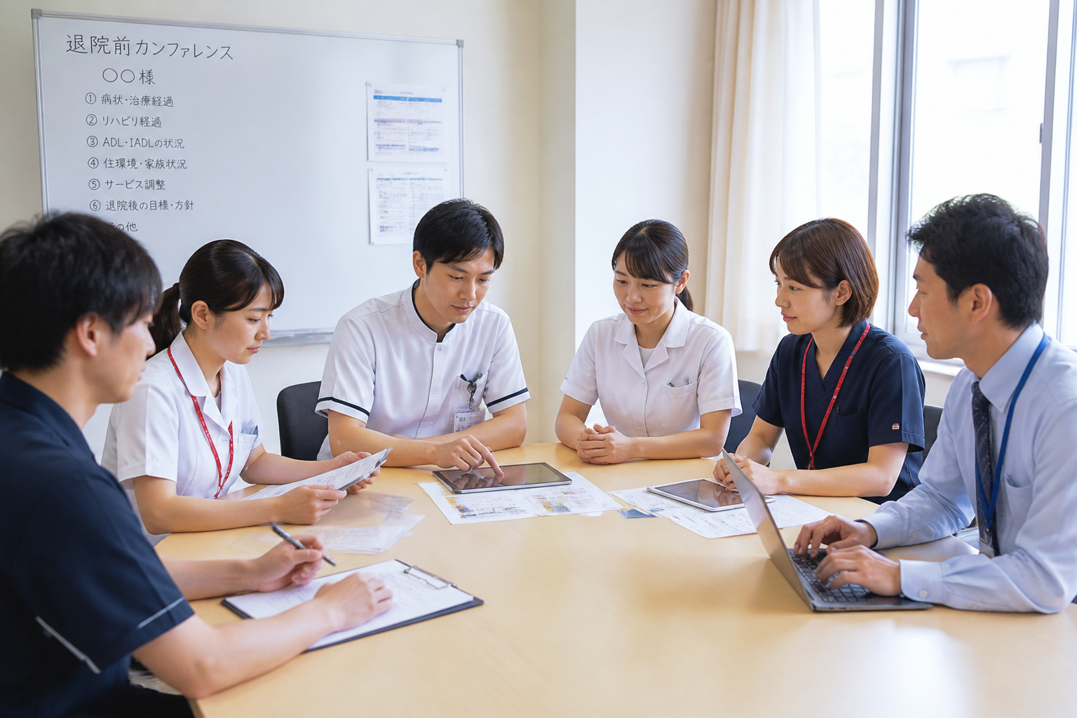 病院の退院前カンファレンスで多職種チームが連携している場面