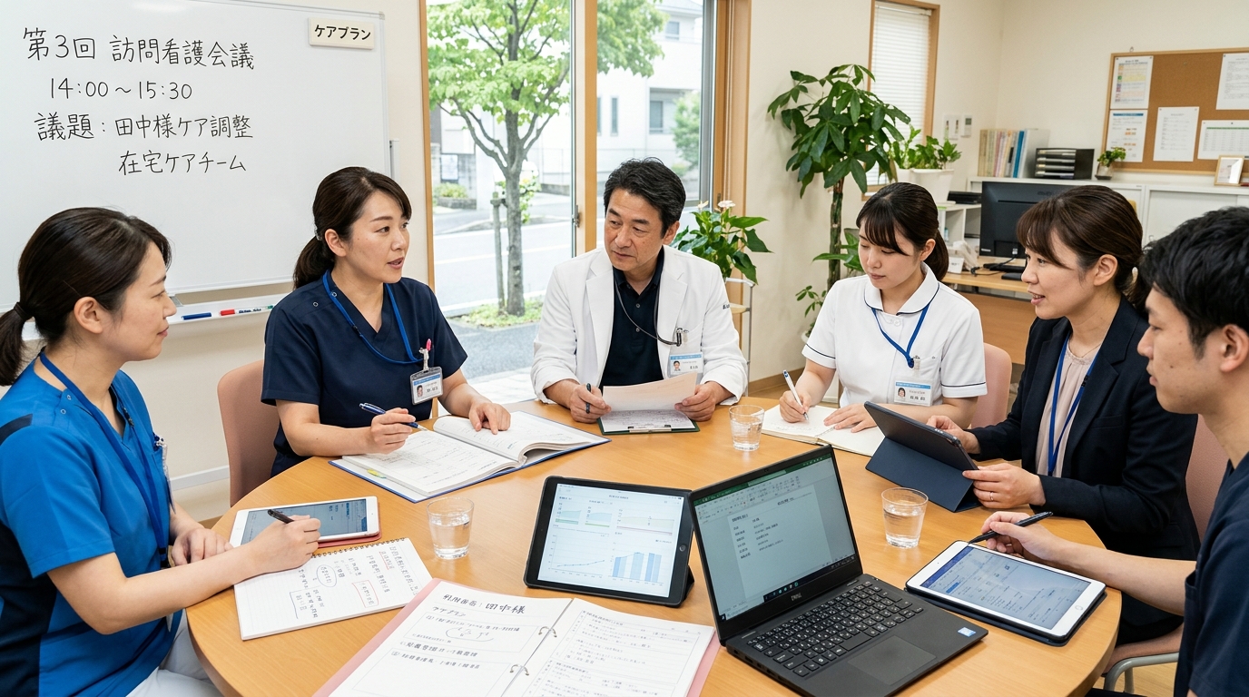 在宅褥瘡ケアについて多職種でカンファレンスを行う医療・介護チーム