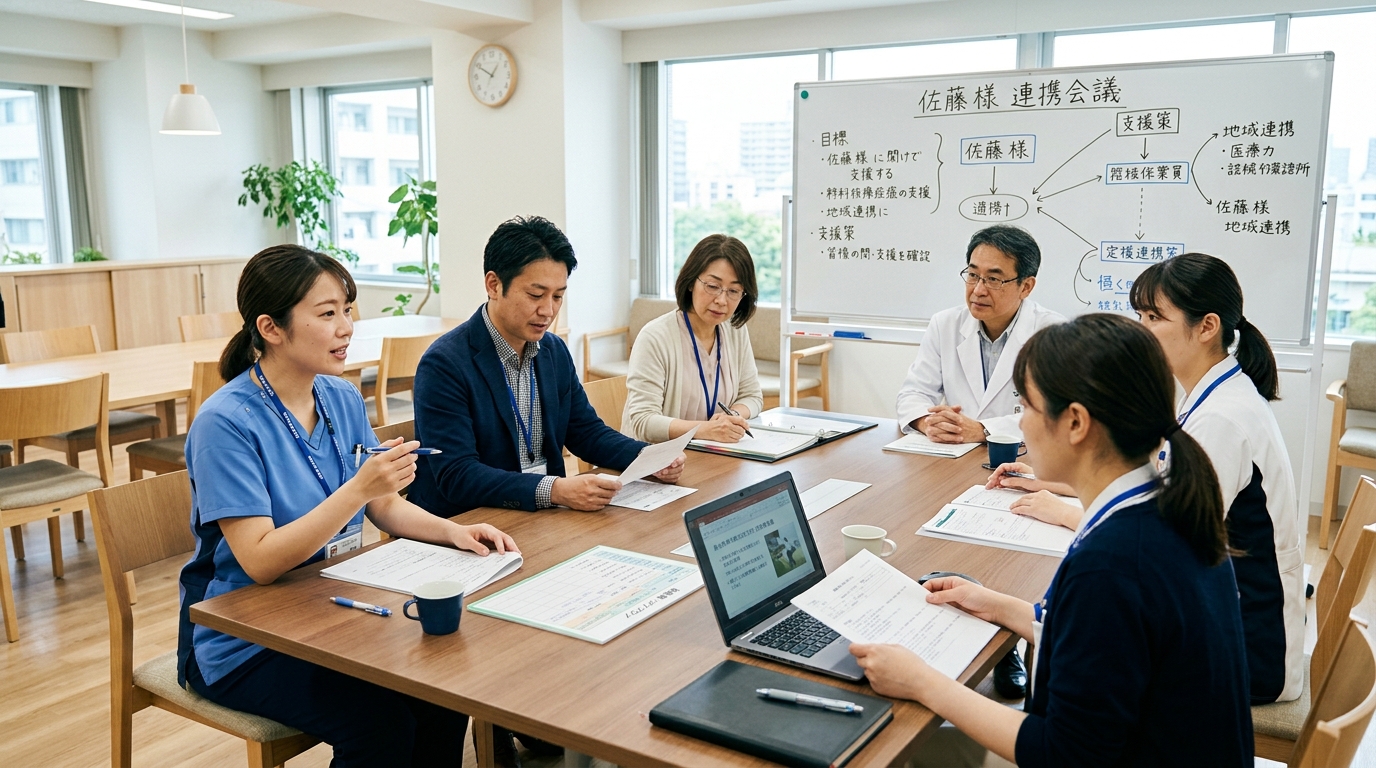 精神科訪問看護に関わる多職種チームがケースカンファレンスを行っている場面