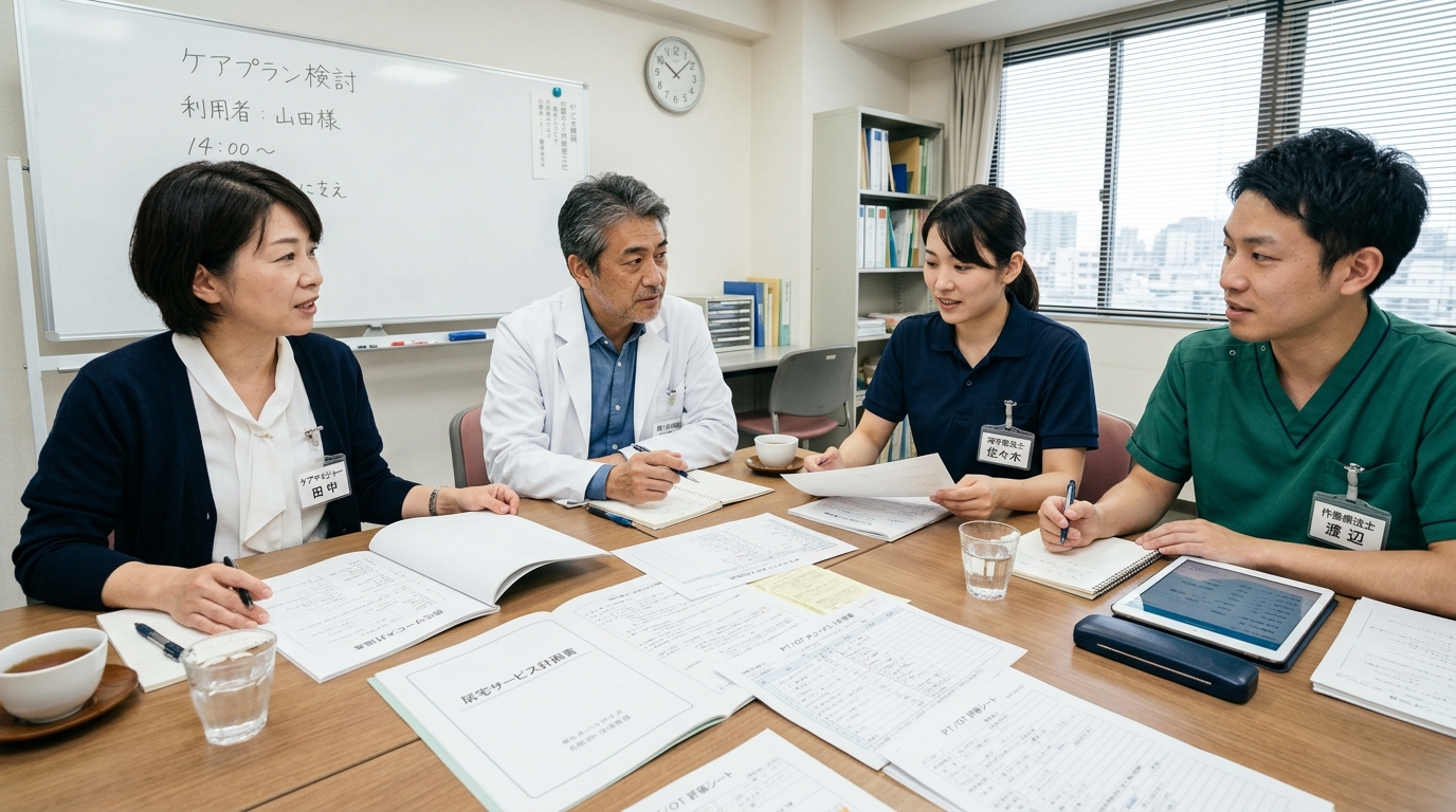 在宅リハビリの多職種連携カンファレンスに参加する日本人専門職チーム