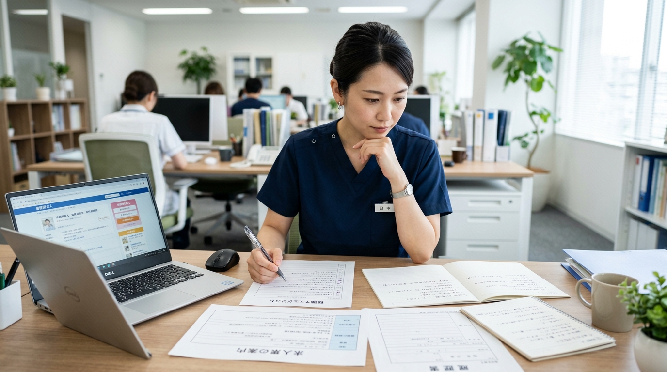 精神科訪問看護への転職前にチェックリストを確認している看護師