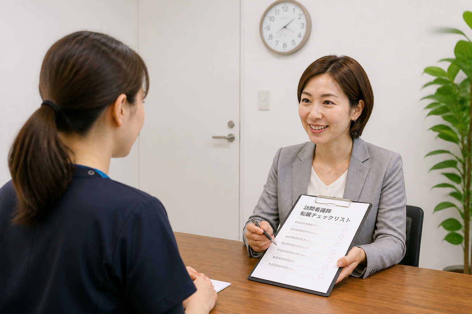 訪問看護師が職場の体制についてチェックリストを確認しながら相談している様子