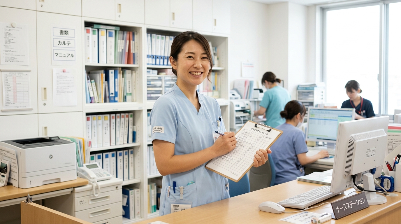 訪問看護ステーション入職前に確認事項のチェックリストを持つ看護師