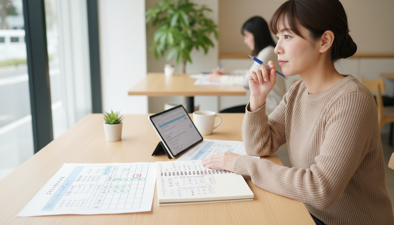 見学後に複数の訪問看護ステーションの情報をチェックリストで比較する看護師