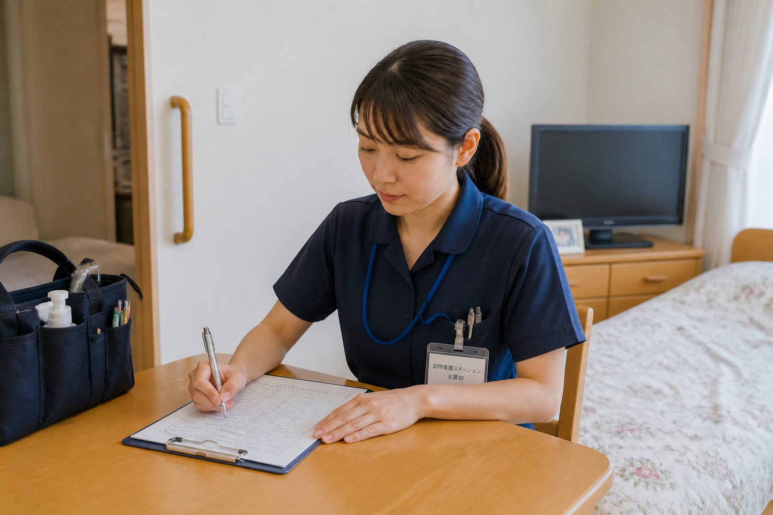 胃ろう管理の適性をチェックする訪問看護師の写真