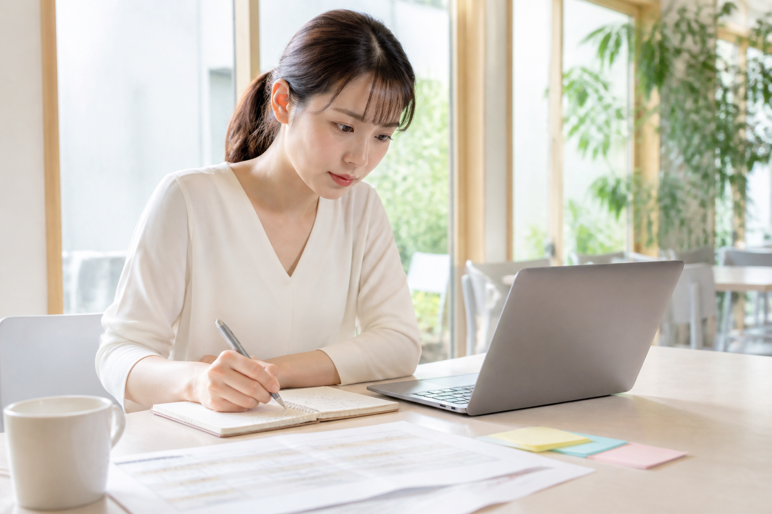 看護師がパソコンとノートを使って訪問看護ステーションを比較検討している様子