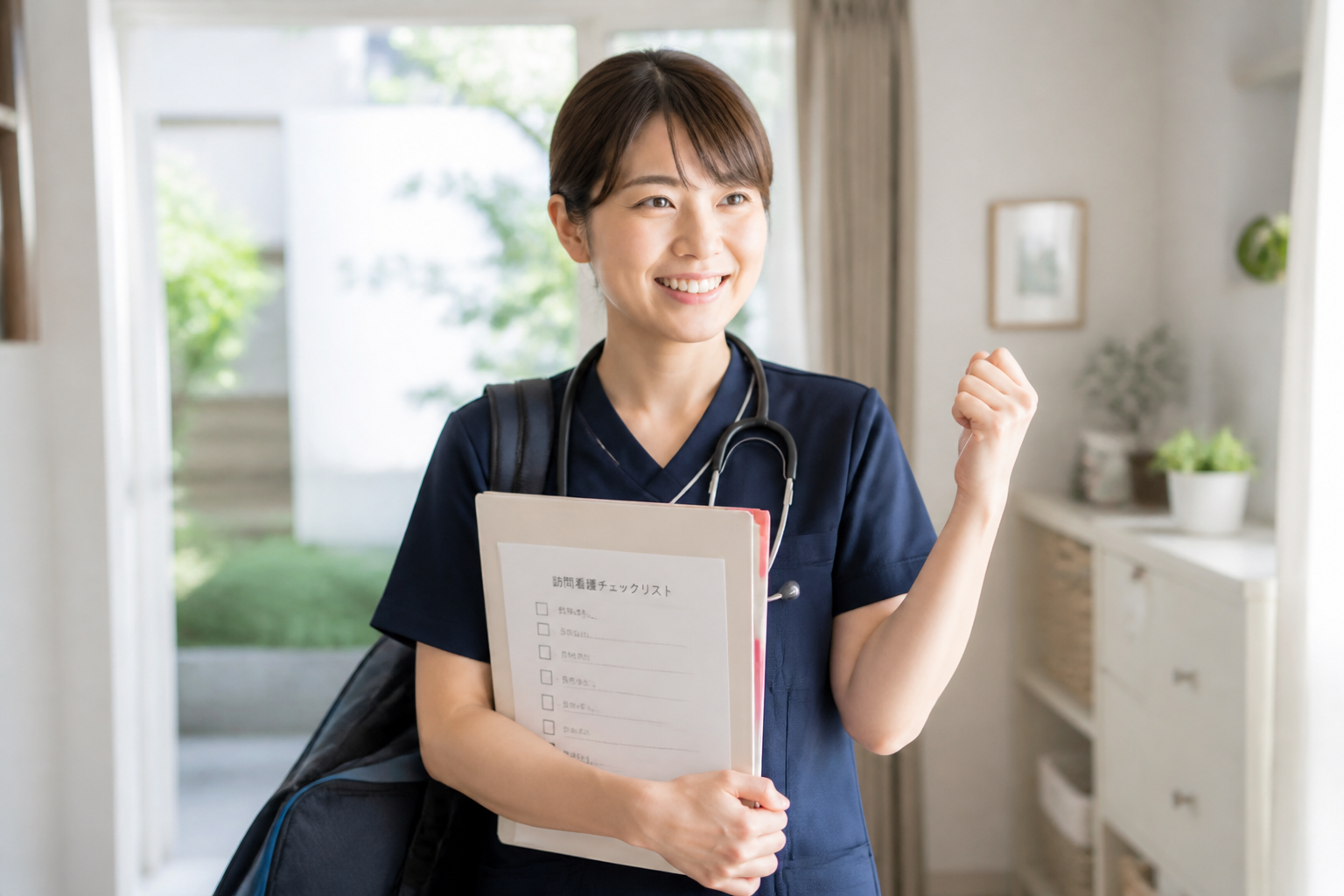 アクションプランのチェックリストを持つ自信に満ちた訪問看護師