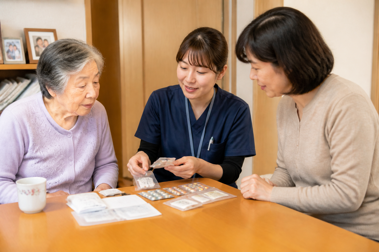 訪問看護師が家族と一緒に残薬を確認している様子